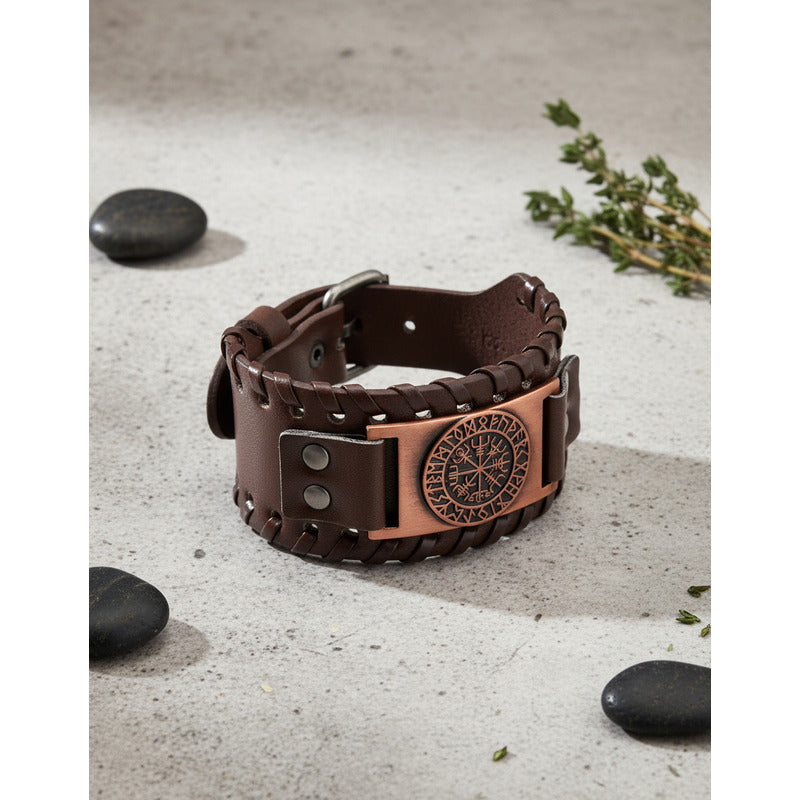 Pulsera De Eco Cuero Modelo Enchapado Vikingo Para Hombre