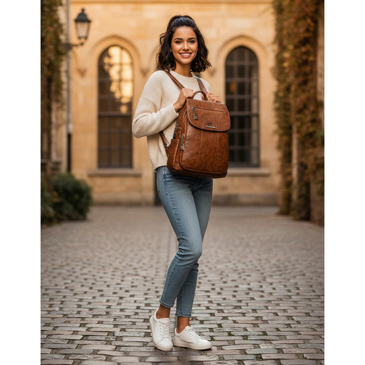 Mochila Eco Cuero Dama Mujer Bolso Impermeable Solapa 2