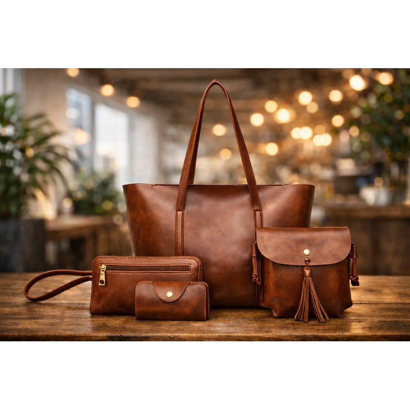 Set De Cartera X4 Bolso Monedero Billetera Eco Cuero Dama 1 Marrón Lisa