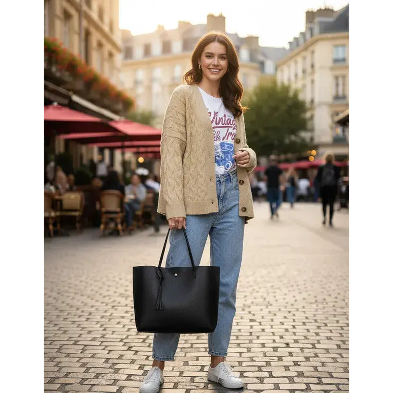 Cartera Mujer Bolso Dama Grande De Mano Cuerina Eco Cuero 1 Marrón Lisa