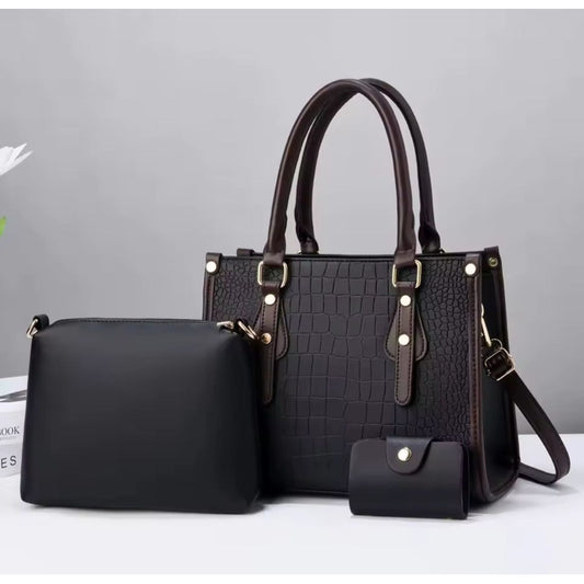 Set 3 Cartera Y Bolso De Mano Mujer Eco Cuero Dama Elegante Negro Lisa