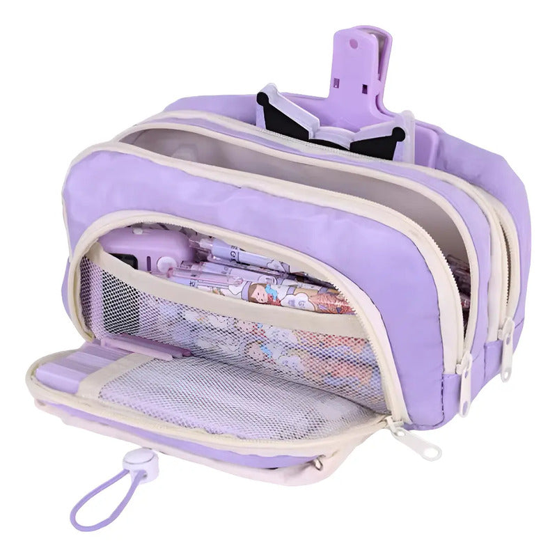 Cartuchera Infantil Grande Triple Cierre Escolar Organizada Violeta Lisa