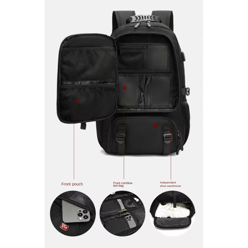 Mochila De Viaje Y Trabajo Impermeable Expandible 45l Negra Negro Liso