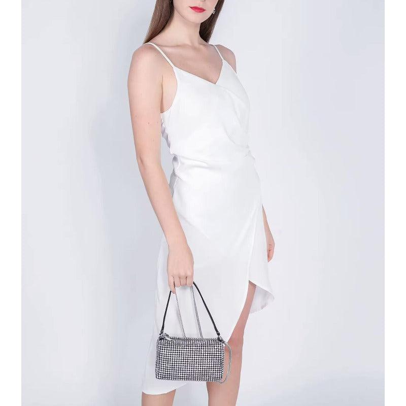 Cartera De Mano Brillos Negra Elegante Fiesta Mujer Noche Plateado