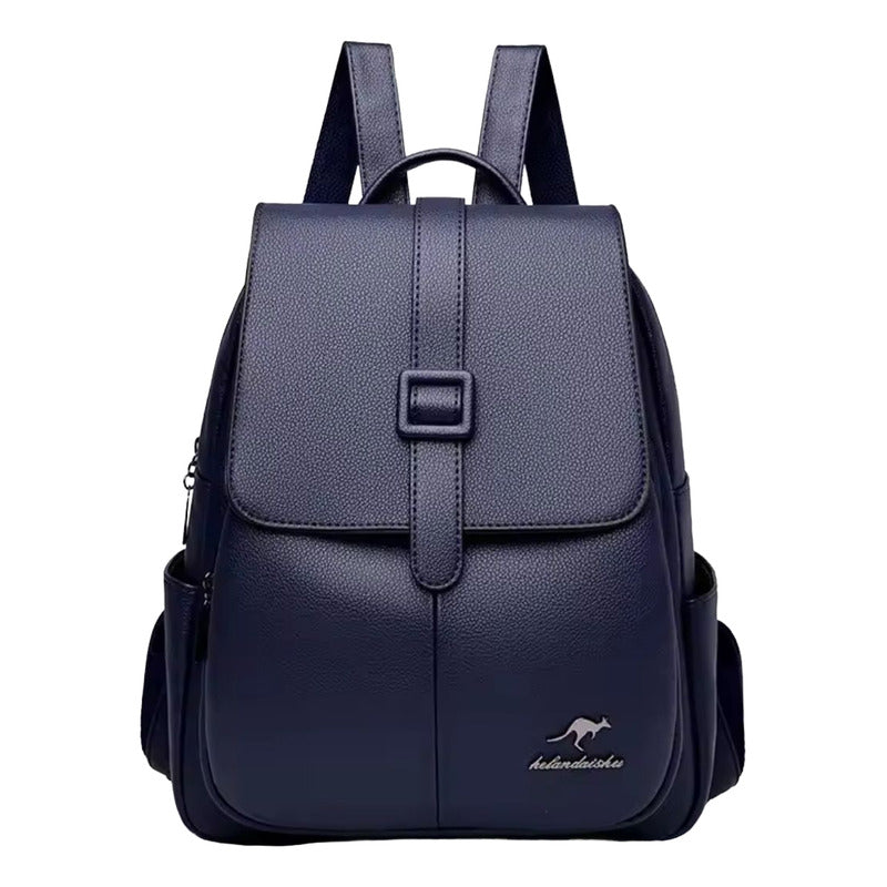 Mochila Para Mujer De Eco Cuero Grande Casual Urbana Dama Azul Liso