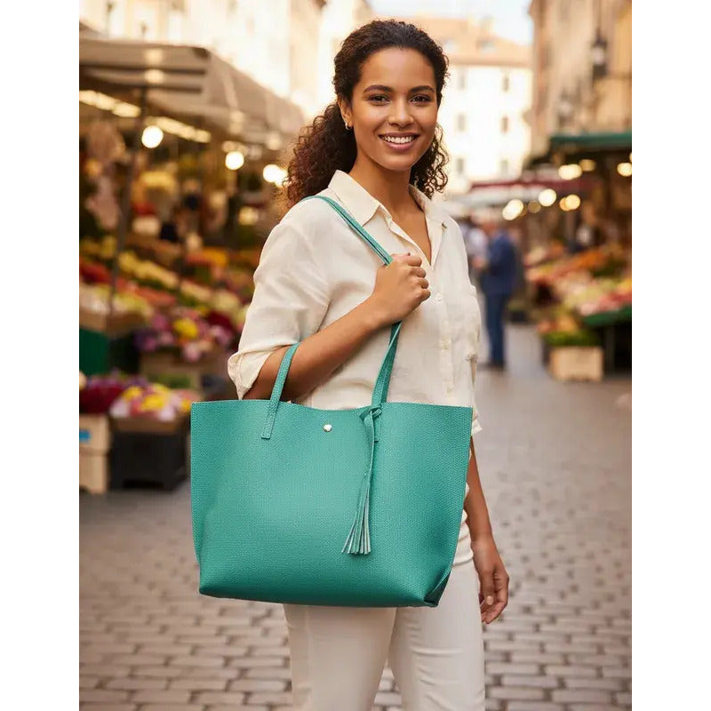 Cartera Mujer Bolso Dama Grande De Mano Cuerina Eco Cuero 1 Verde Claro Lisa