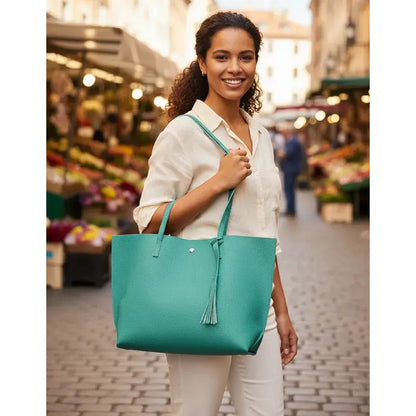 Cartera Mujer Bolso Dama Grande De Mano Cuerina Eco Cuero 1 Verde Claro Lisa