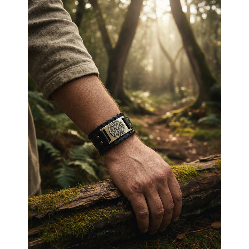 Pulsera De Eco Cuero Modelo Enchapado Vikingo Para Hombre