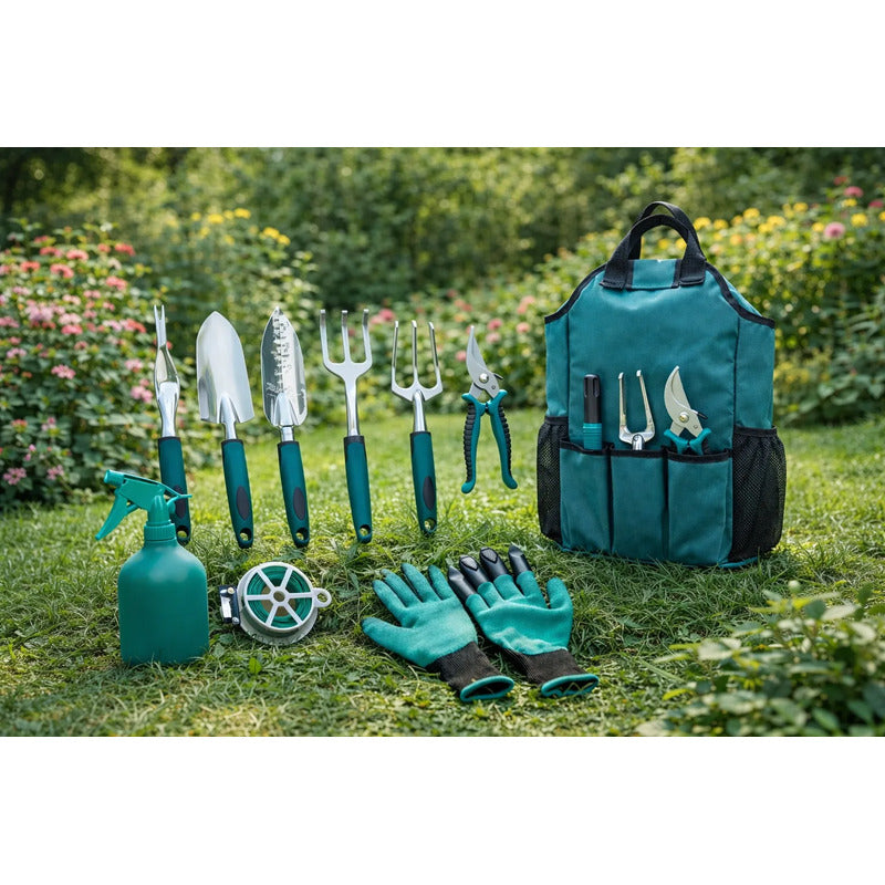 Kit De Jardinería Set X11 Piezas Estuche Pala Pinza Tijeras Verde