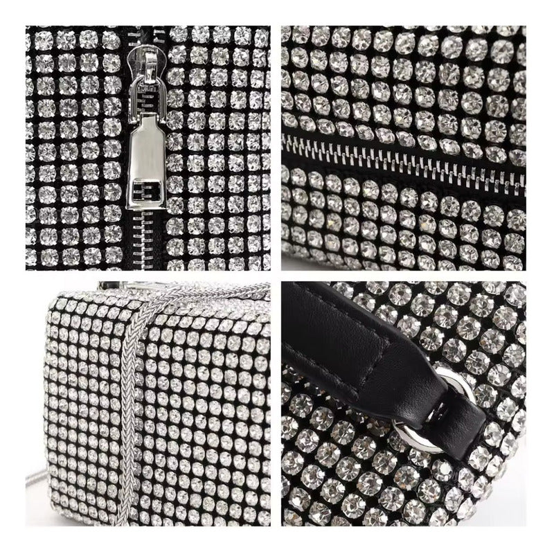Cartera De Mano Brillos Negra Elegante Fiesta Mujer Noche Plateado