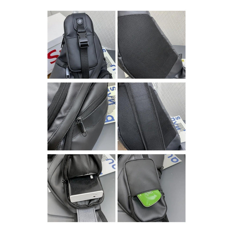 Mochila Cruzada Eco Cuero Impermeable Bandolera Pecho 1 Tira Negro Liso