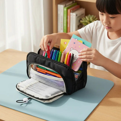 Cartuchera Infantil Grande Triple Cierre Escolar Organizada Negro Lisa
