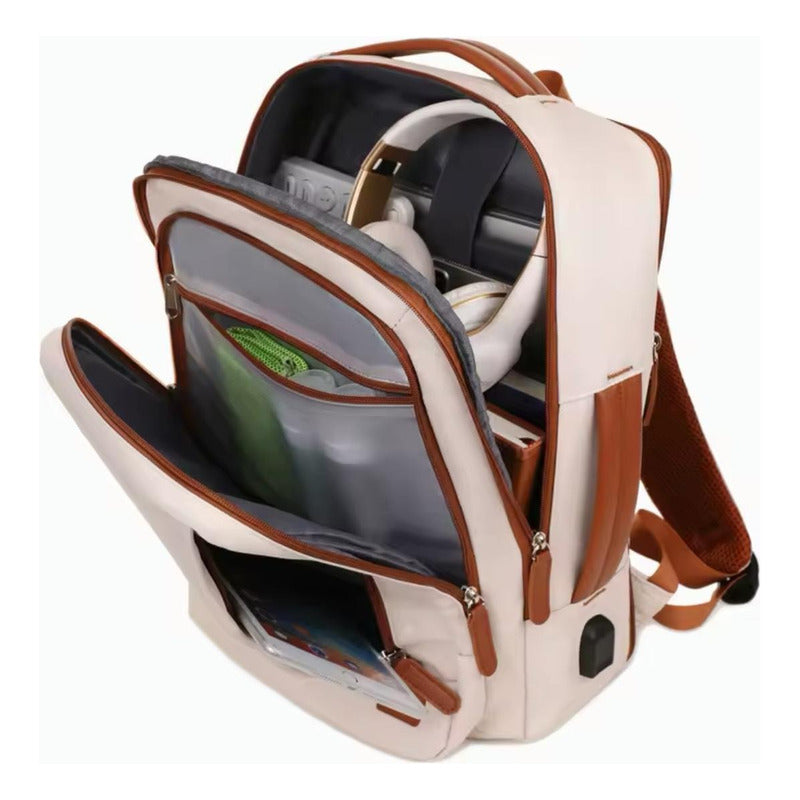 Mochila Antirrobo Usb Expansible Impermeable Trabajo Escolar Beige