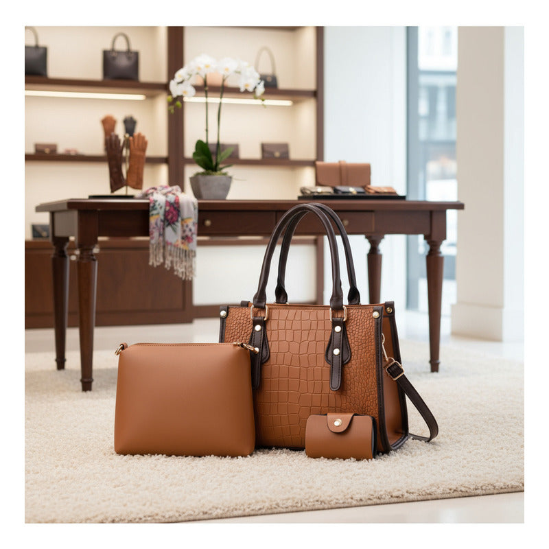 Set 3 Cartera Y Bolso De Mano Mujer Eco Cuero Dama Elegante Marrón Lisa Negro