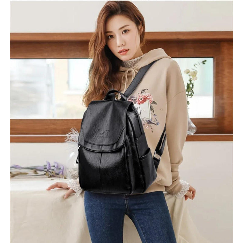 Mochila Dama Bolso Mujer Cuerina Eco Cuero Bolsillo Solapac3