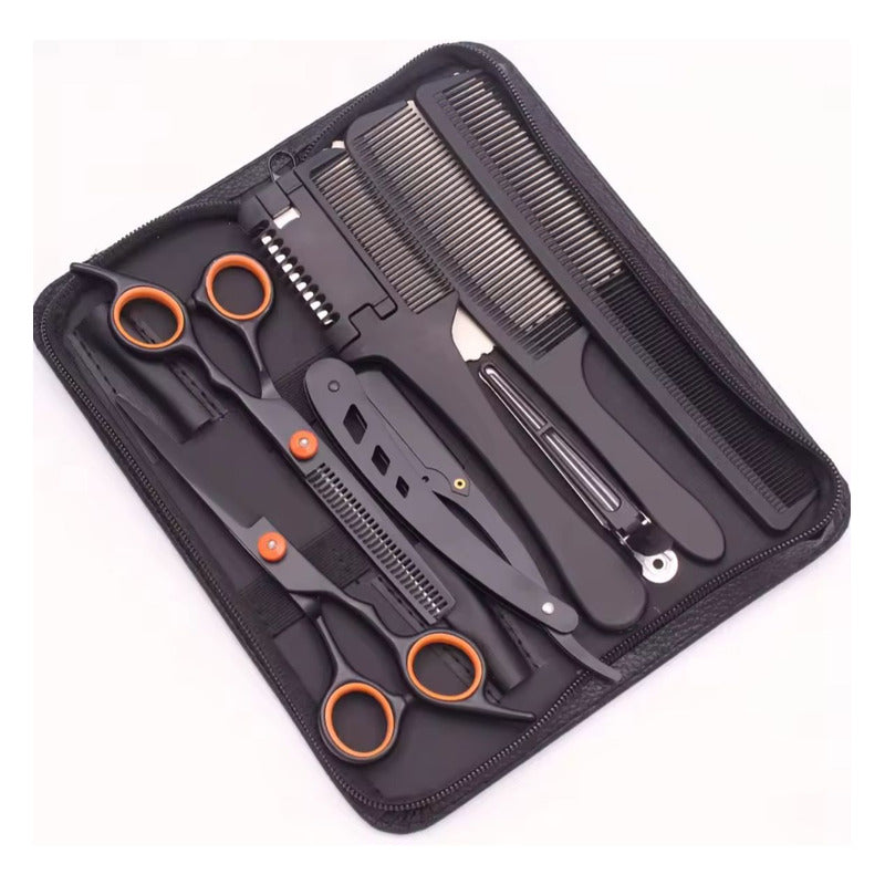 Kit De Tijeras Para Peluquería Navaja Y Peines Profesional Negro Y Naranja