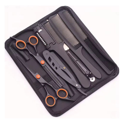 Kit De Tijeras Para Peluquería Navaja Y Peines Profesional Negro Y Naranja