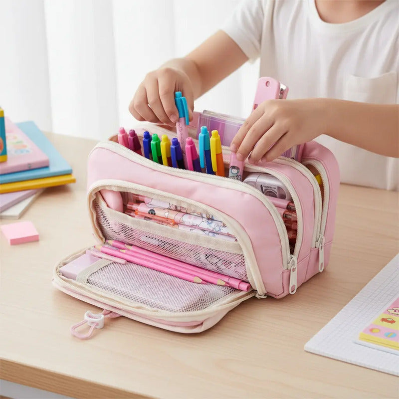 Cartuchera Infantil Grande Triple Cierre Escolar Organizada Rosa Lisa