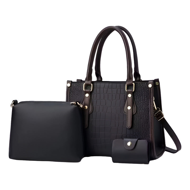 Set 3 Cartera Y Bolso De Mano Mujer Eco Cuero Dama Elegante Negro Lisa