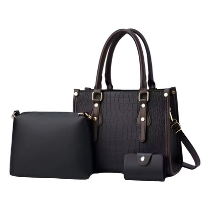 Set 3 Cartera Y Bolso De Mano Mujer Eco Cuero Dama Elegante Negro Lisa
