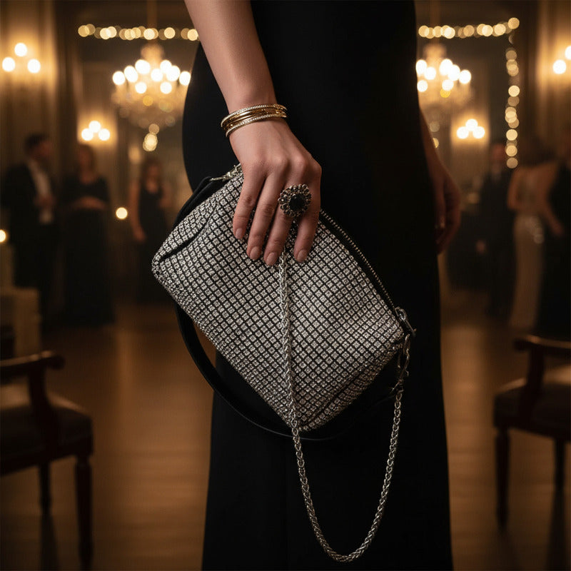 Cartera De Mano Brillos Negra Elegante Fiesta Mujer Noche Dorado