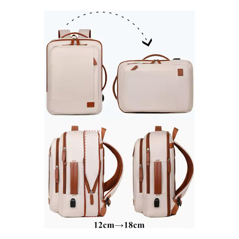 Mochila Antirrobo Usb Expansible Impermeable Trabajo Escolar Beige
