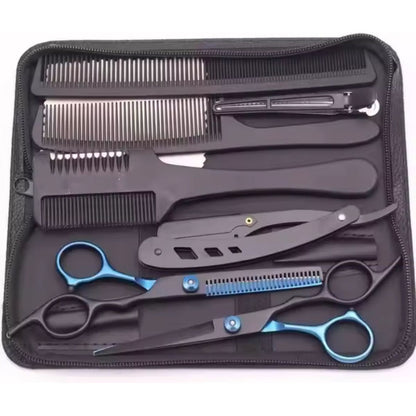 Kit De Tijeras Para Peluquería Navaja Y Peines Profesional Negra Y Azul