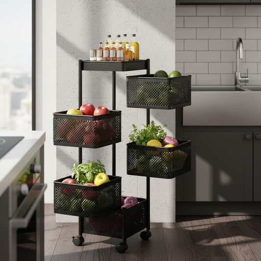 Carro Organizador Metalico 5 Estantes Cuadrados Con Ruedas Negro