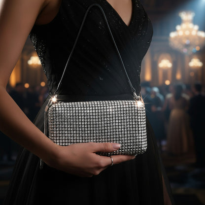 Cartera De Mano Brillos Negra Elegante Fiesta Mujer Noche Plateado