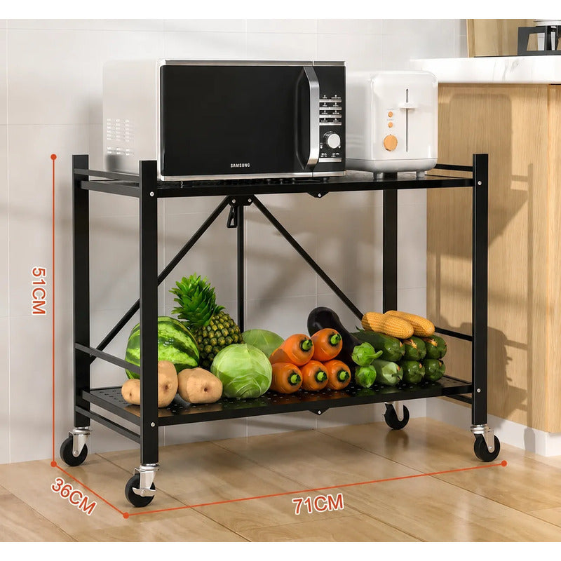 Estantería Metálica 2 Niveles Plegable Con Ruedas Resistente Negro