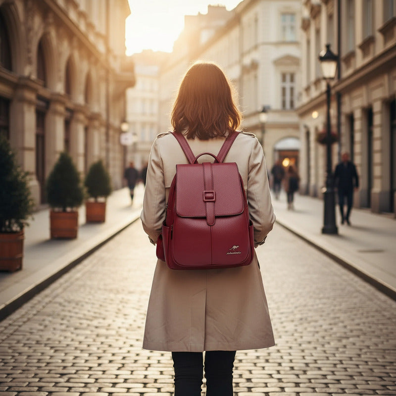 Mochila Para Mujer De Eco Cuero Grande Casual Urbana Dama Bordó Liso