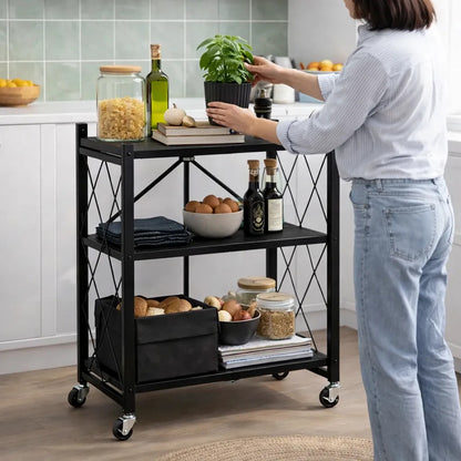 Estantería Plegable Metálica 3 Niveles Con Ruedas Resistente Negro
