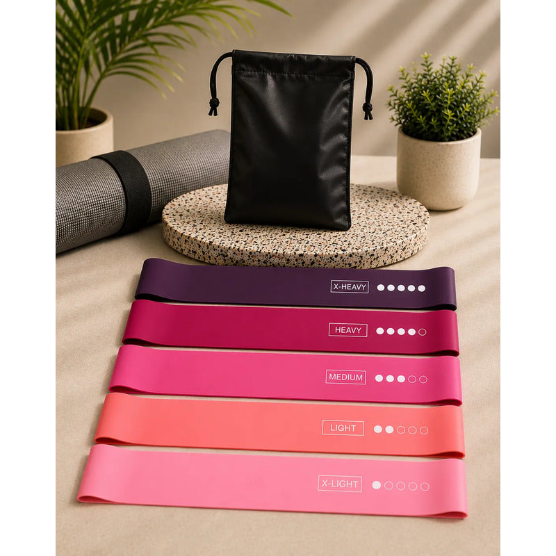Set 5 Bandas Elásticas De Resistencia Fitness Con Bolso Rosa