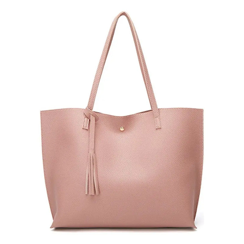 Cartera Mujer Bolso Dama Grande De Mano Cuerina Eco Cuero 1 Rosa Lisa