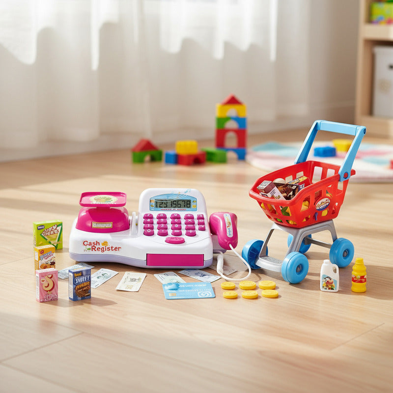 Juguete Carrito De Compras Caja Registradora Infantil Juego Blanco Y Rosa