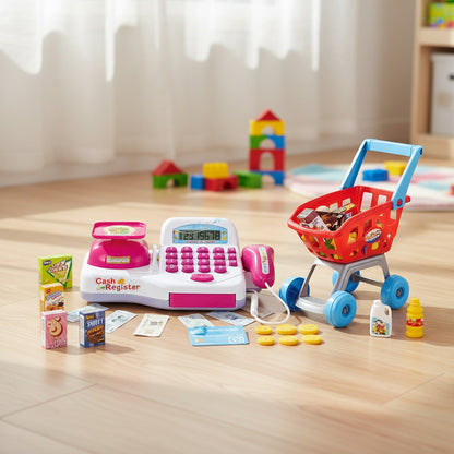 Juguete Carrito De Compras Caja Registradora Infantil Juego Blanco Y Rosa