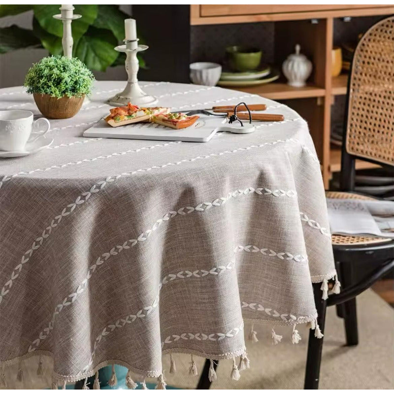 Mantel De Lino Y Algodón Redondo 150cm Nórdico Elegante Moda Gris