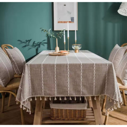 Mantel De Lino Y Algodón Rectangular Elegante 200 X 140cm Gris Cuadrados