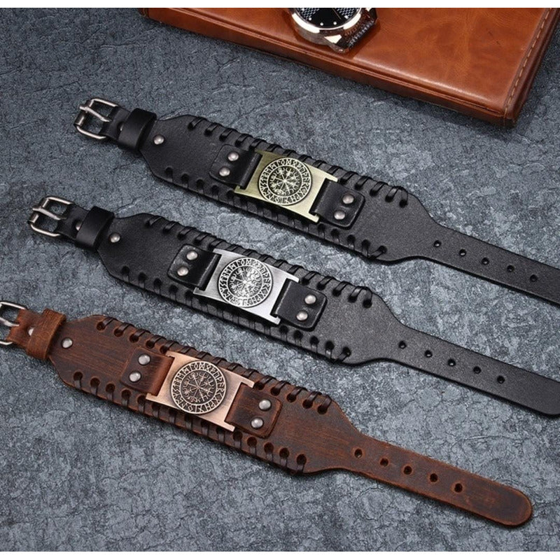 Pulsera De Eco Cuero Modelo Enchapado Vikingo Para Hombre