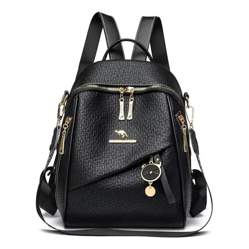 Mochila Mujer Eco Cuero Urbana Bolso Dama Antirrobo Negro Negro Liso