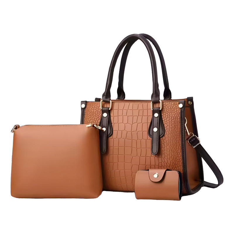 Set 3 Cartera Y Bolso De Mano Mujer Eco Cuero Dama Elegante Marrón Lisa Negro